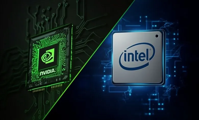 NVIDIA and Intel processors displayed side-by-side, showcasing their contrasting designs and branding.