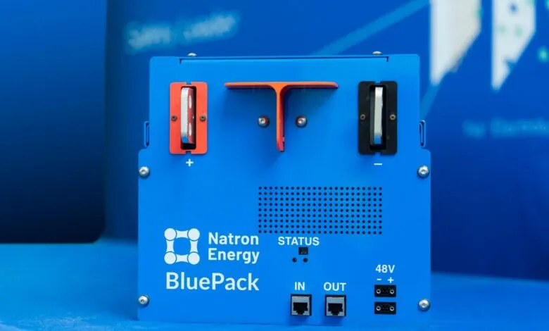 Natron Energy's BluePack, a bright blue battery pack with connection ports and status indicators.