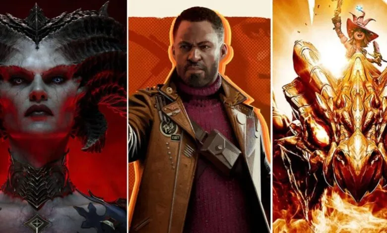 Video game character art collage featuring Lilith from Diablo IV, Colt from Deathloop, and a dragon rider.