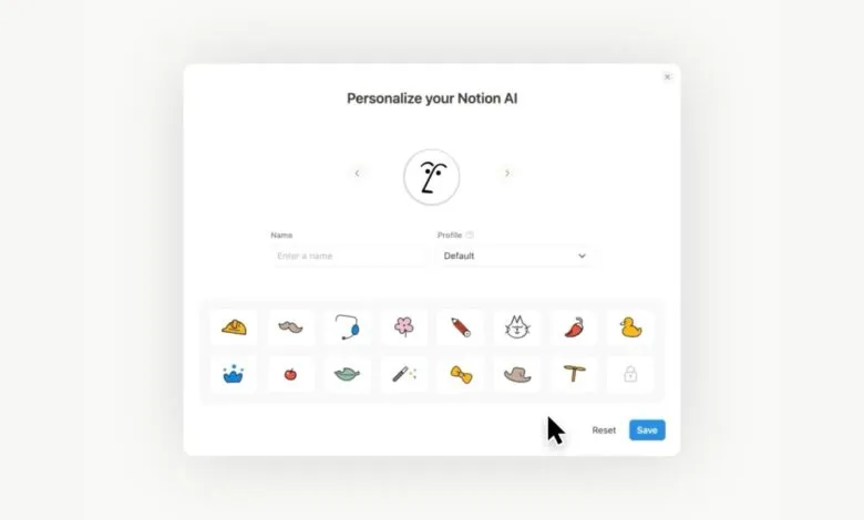Customize your Notion AI profile by choosing a name and avatar. Select from various fun icons.