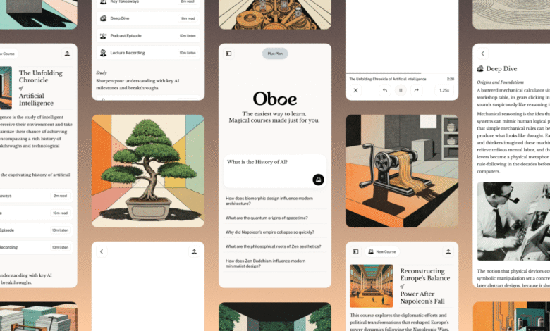 Collage of illustrations and text about the history of artificial intelligence, featuring a mechanical calculator and bonsai tree.