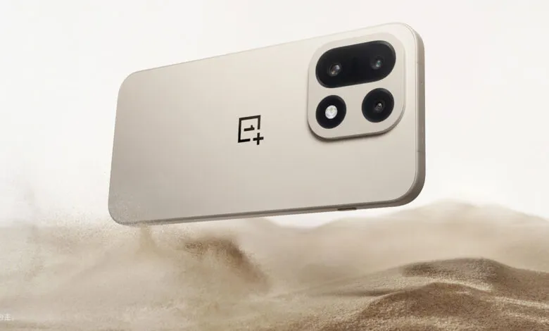 OnePlus smartphone in sand dune colorway with camera module and logo