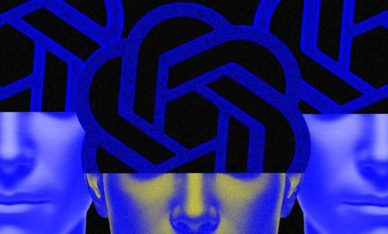 Abstract artwork featuring three faces partially obscured by a repeating blue geometric pattern on a black background.