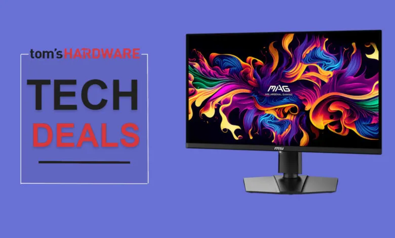 MSI gaming monitor displayed with vibrant abstract artwork, alongside Tom's Hardware 'Tech Deals' announcement.