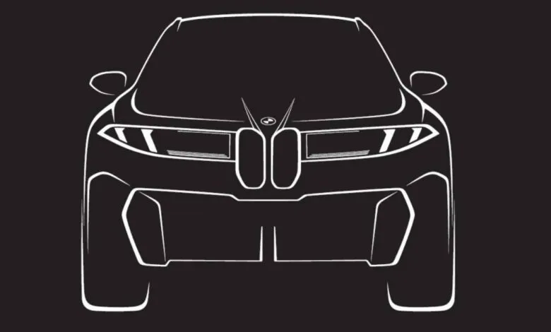 White outline of a BMW SUV on black background, showcasing its front grill and headlights.
