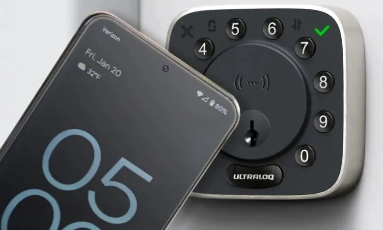 Smartphone unlocking a smart lock via Bluetooth. The lock is square, dark gray with silver trim, and displays a green checkmark.