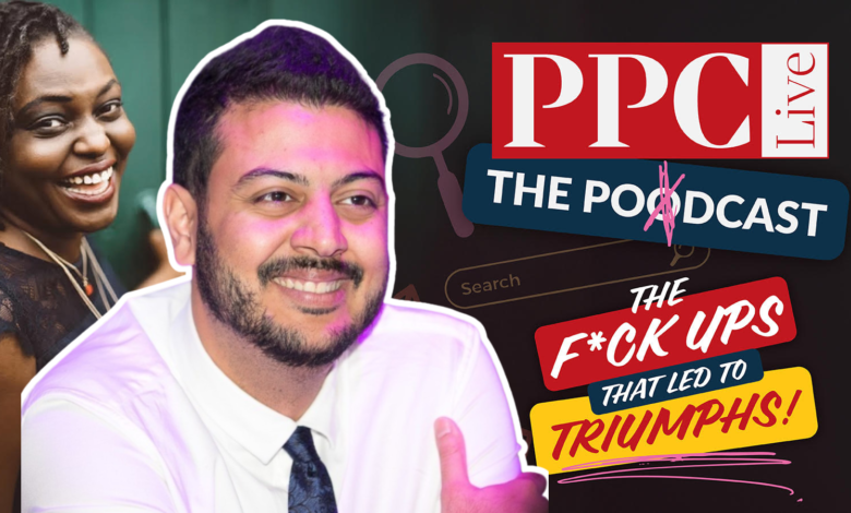 Two smiling individuals with a graphic overlay for a podcast about PPC.