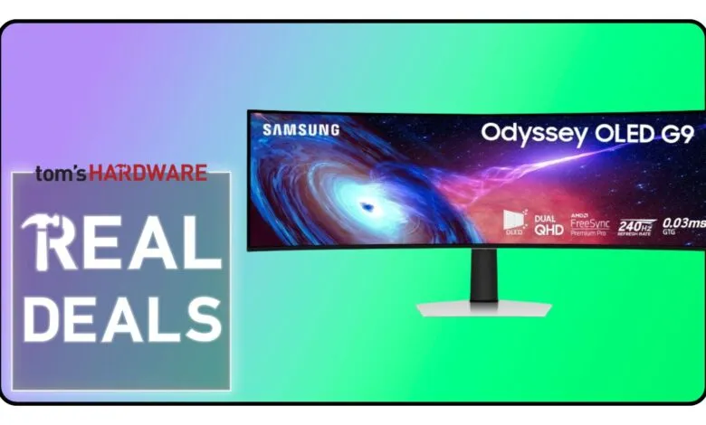 Samsung Odyssey OLED G9 monitor displayed against a vibrant background. Tom's Hardware 'Real Deals' logo is also visible.