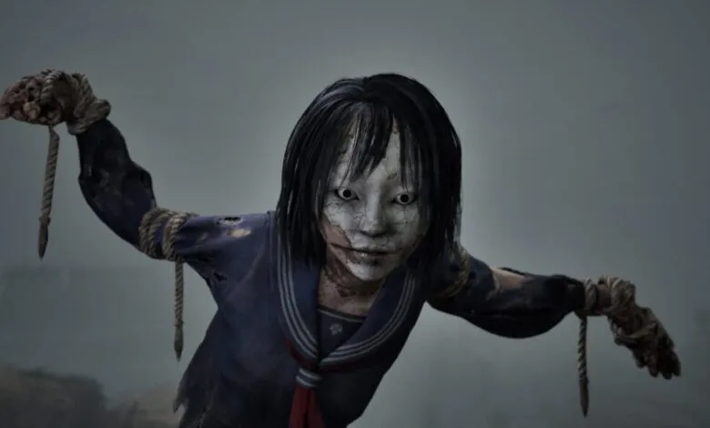A creepy doll-like figure in a tattered school uniform with a cracked white face and wide eyes.