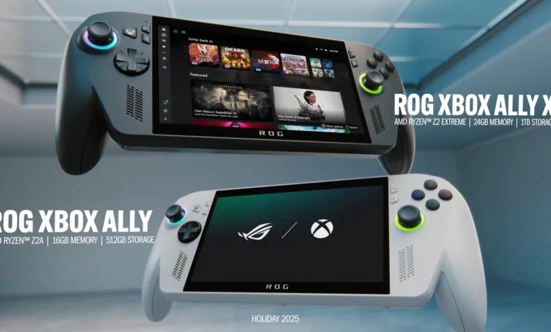 Two ROG Ally handheld gaming consoles, one black and one white, displayed against a blue background.
