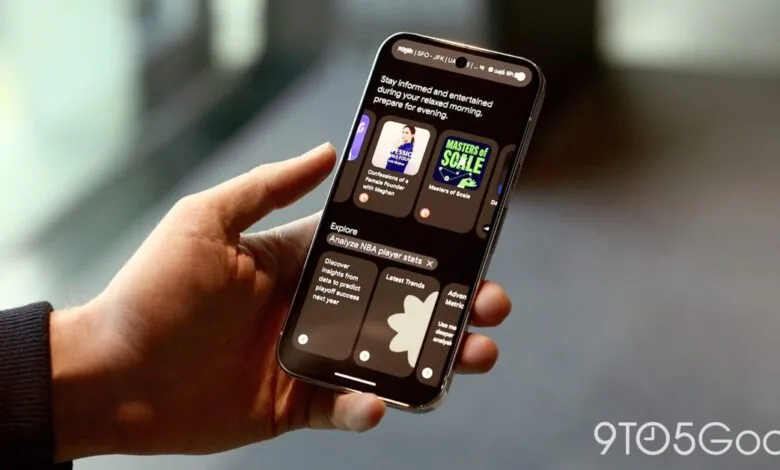 Close-up of a hand holding a smartphone displaying a personalized daily hub with news, podcasts, and NBA player stats.