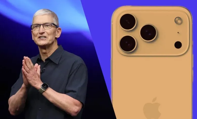Tim Cook, Apple CEO, presents a new iPhone in gold.