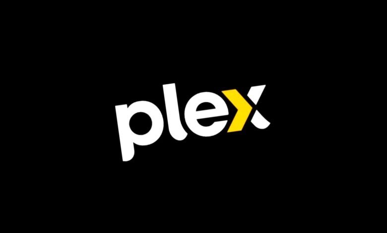 Plex logo: white text on black background, 'plex' with yellow arrow in 'x'