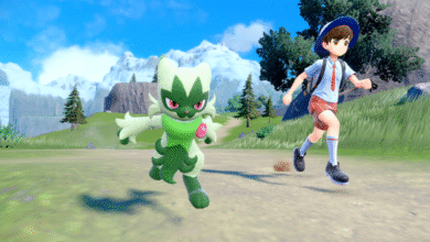 Floragato Pokémon and a young trainer run through a grassy landscape with mountains.