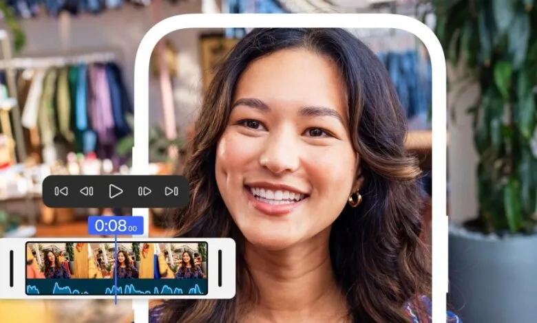 Woman smiling while editing a video on a phone with editing controls visible.