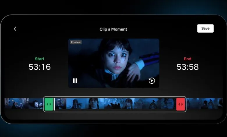 Smartphone screen shows a video editing interface with a dark theme, allowing users to clip a moment from a video.