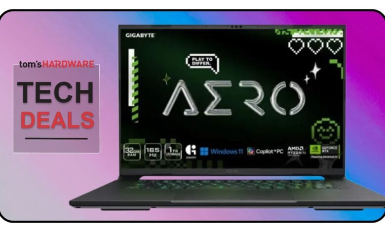 Gigabyte Aero laptop with high specs on a purple background. Tom's Hardware Tech Deals.