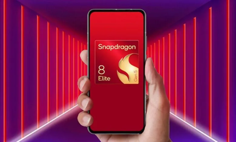 Smartphone displaying Snapdragon 8 Elite Gen 5 processor; red and gold design on a red background.