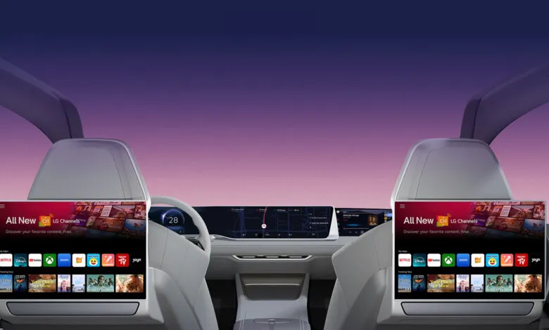 Rear-seat entertainment screens in a modern car display various streaming apps like Netflix, YouTube, and more.