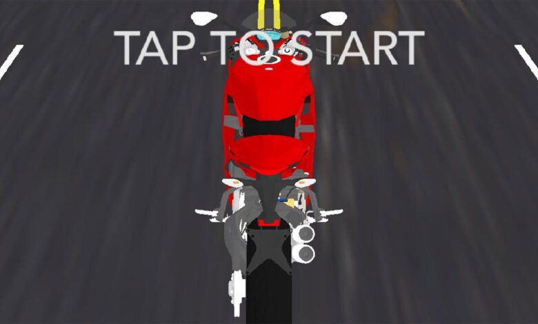 Top-down view of a red motorcycle on a dark road with 'TAP TO START' text.