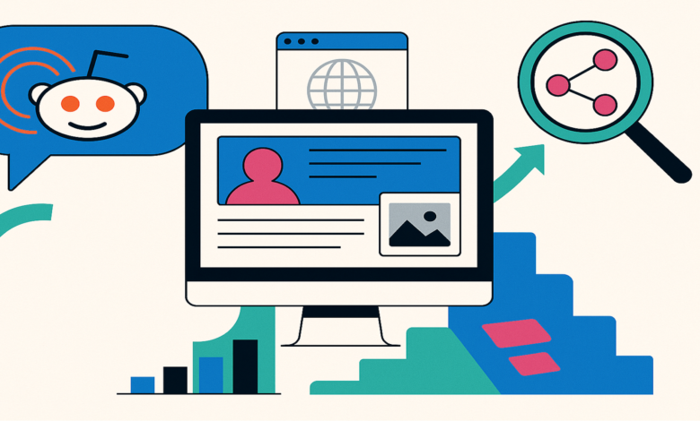 Illustration of Reddit marketing: computer screen showing content, Reddit logo, magnifying glass with share icon, upward trending graph.