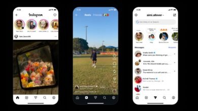 Three iPhone screens displaying the Instagram app interface, showcasing the feed, Reels, and messages.