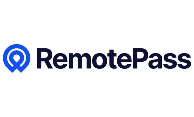 RemotePass logo: dark blue text with a blue location pin icon.