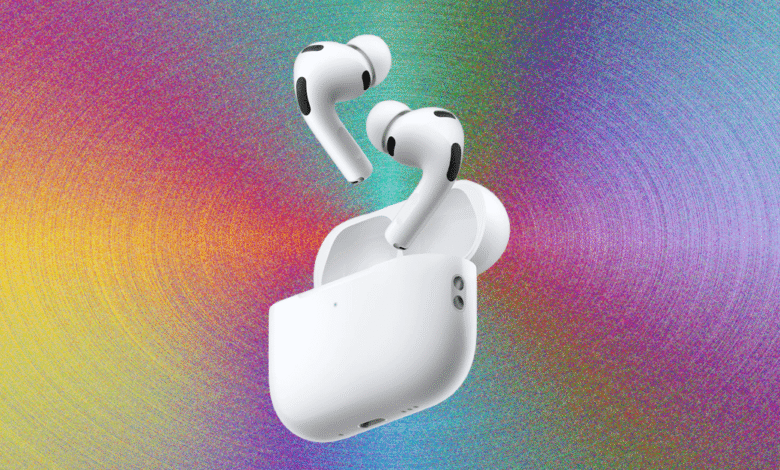White Apple AirPods Pro with charging case against a colorful, textured background.