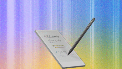 ReMarkable Paper Pro tablet with stylus, showcasing handwritten notes against a colorful background.