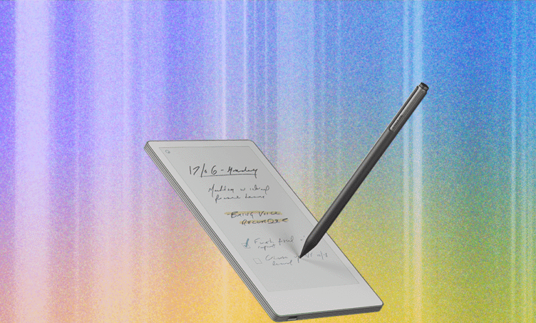 ReMarkable Paper Pro tablet with stylus, showcasing handwritten notes against a colorful background.