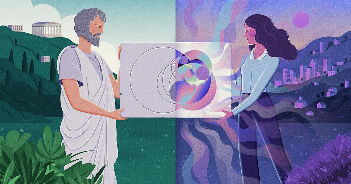 Ancient philosopher and modern woman holding a tablet with geometric patterns.