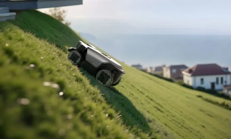 Robotic lawnmower cutting grass on a steep slope overlooking houses and a body of water.