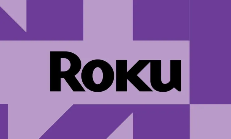 Roku logo on a purple geometric background.