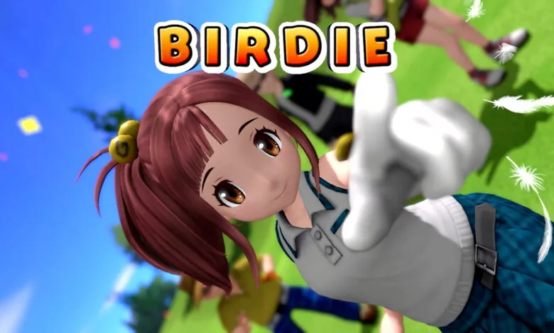 Anime-style girl golfer celebrates a birdie, feathers floating around her.