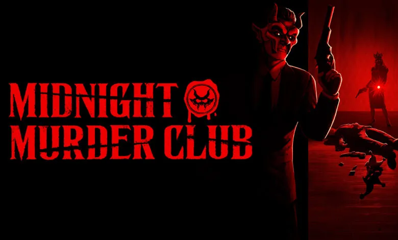 Midnight Murder Club game art: devilish man with gun, woman aiming gun, body on floor.