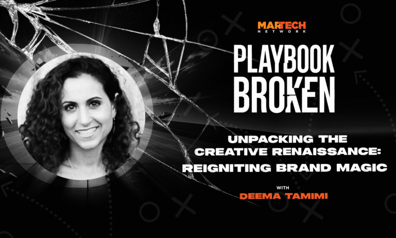 Deema Tamimi, in a black and white headshot, is featured in a Martech Network Playbook Broken episode about reigniting brand magic.