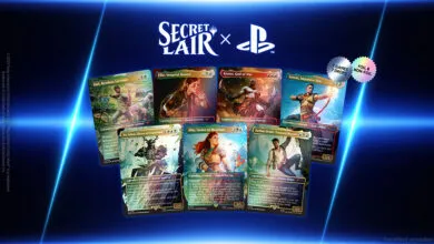 Magic: The Gathering Secret Lair x PlayStation cards featuring characters from God of War, Horizon, Uncharted, and The Last of Us.