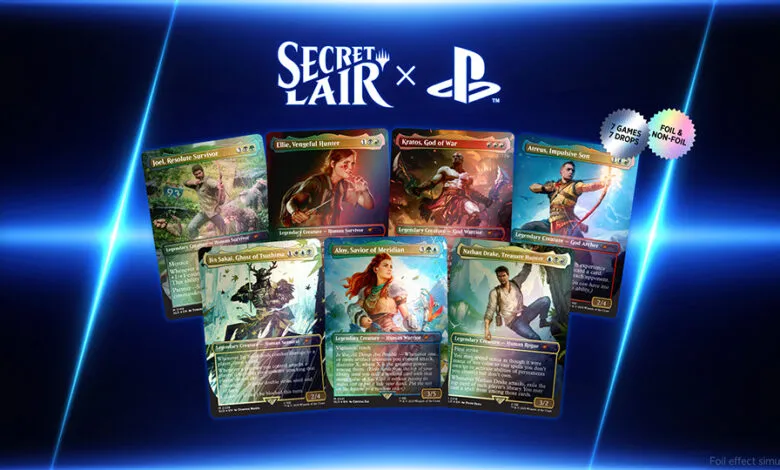 Magic: The Gathering Secret Lair x PlayStation cards featuring characters from God of War, Horizon, Uncharted, and The Last of Us.