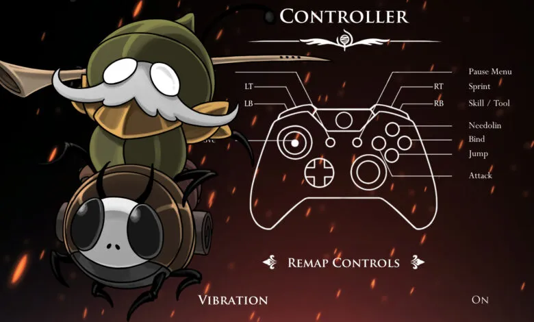 Game controller layout with cute bug characters; shows button functions for pause, sprint, skills, and more.