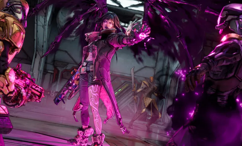 A female video game character with dark purple hair and wings unleashes a magical purple energy blast at enemies in a futuristic setting.