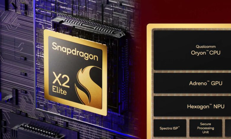 Close-up of the Snapdragon X2 Elite chip with its components listed.