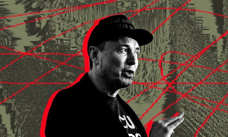 Elon Musk in a stylized portrait, speaking, with a red and green digital background.