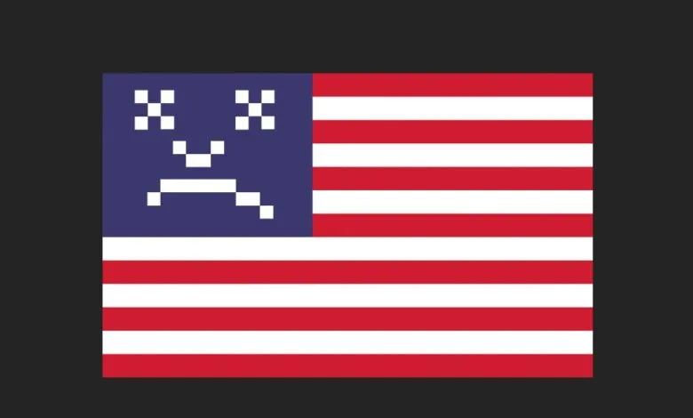 Pixel art of the US flag with a pixelated sad face in the blue canton.