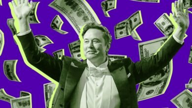 Elon Musk in a tuxedo, surrounded by falling hundred-dollar bills, against a purple background.