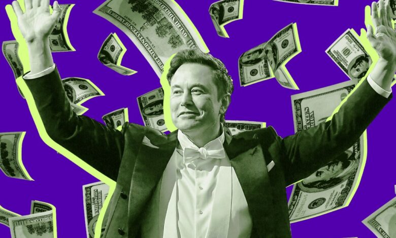 Elon Musk in a tuxedo, arms raised, with money falling around him against a purple background.
