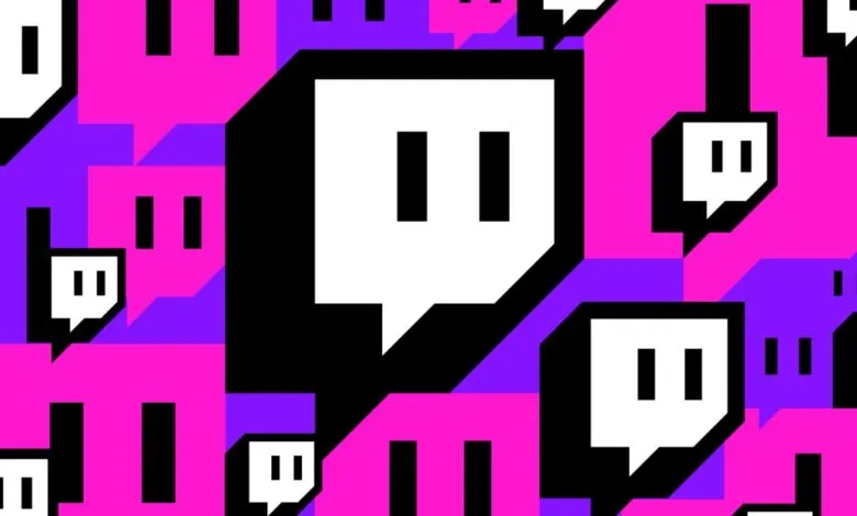 Twitch logo in white speech bubbles on a vibrant pink and purple background.