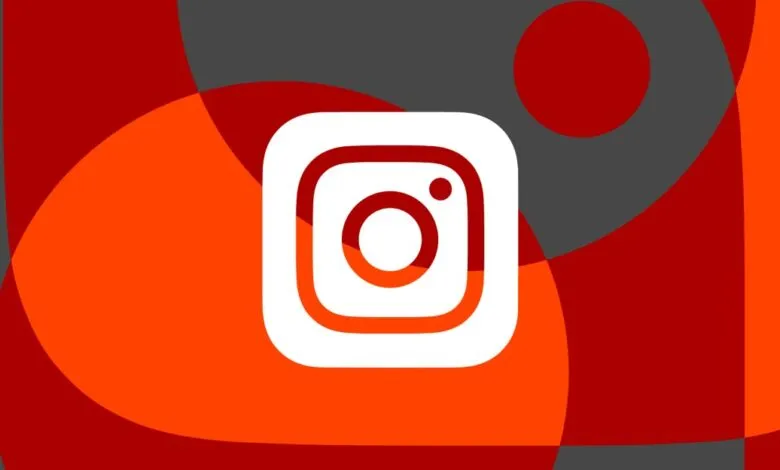 Instagram logo in white on an abstract background of red and gray shapes.