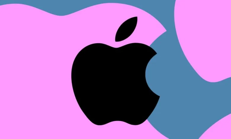 Apple logo in black, set against pink and blue abstract shapes.