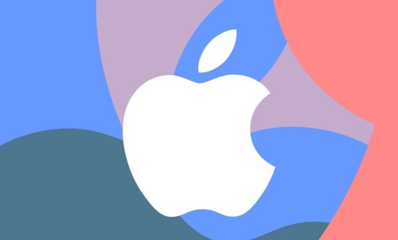 Apple logo on an abstract background of blue, purple, and coral.