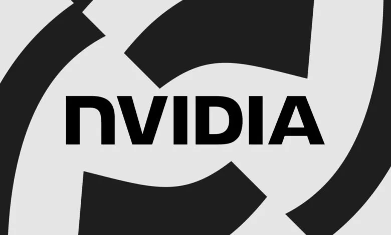 The NVIDIA logo in black text against a light gray background with abstract black shapes.